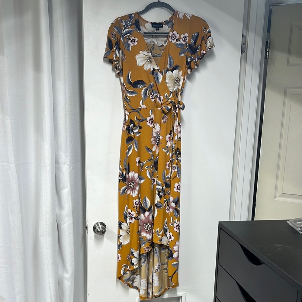 Yellow High-Low Wrap Sundress with Flutter Sleeves